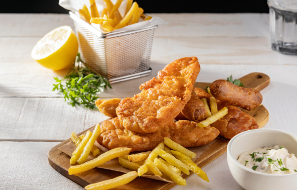 Classic fish and chips with sausage and lemon at  Di Vito's in Linlithgow.